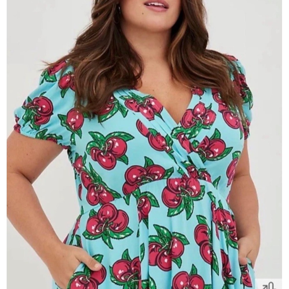 Torrid Betsey Johnson Blue Cherry Print Surplice Midi Dress Plus Size 24 Pockets - Picture 2 of 15